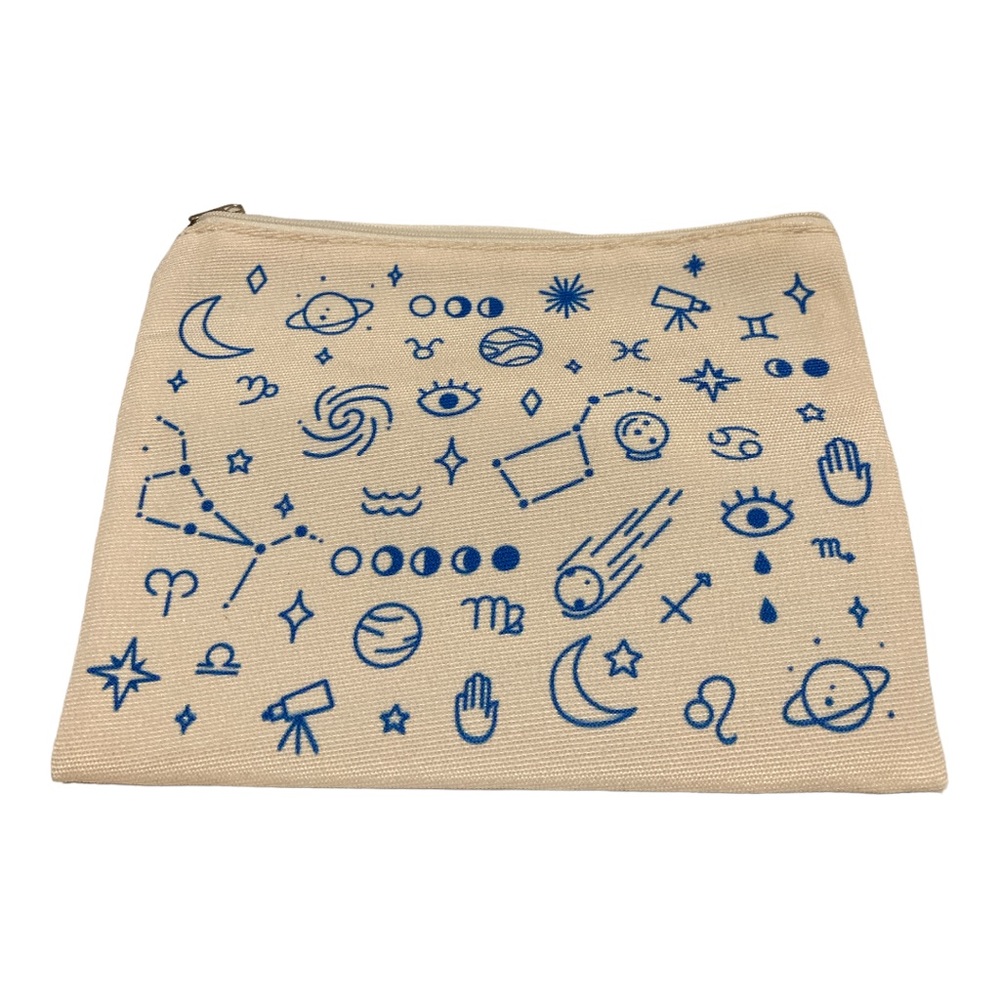 White cosmetic bag blue detailing zipper closure